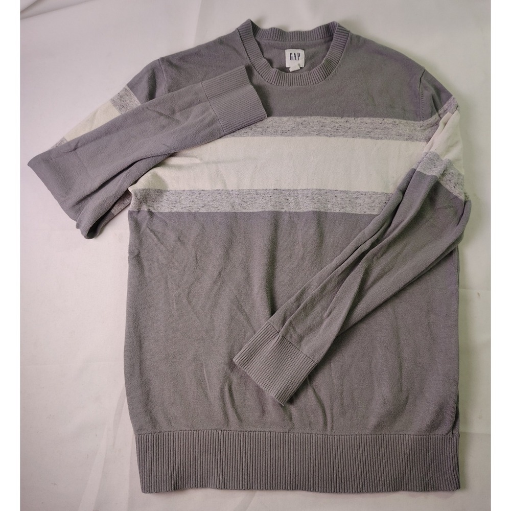 GAP Mens Pullover Crewneck Gray White Striped Casual Layering Knit Sweater Small